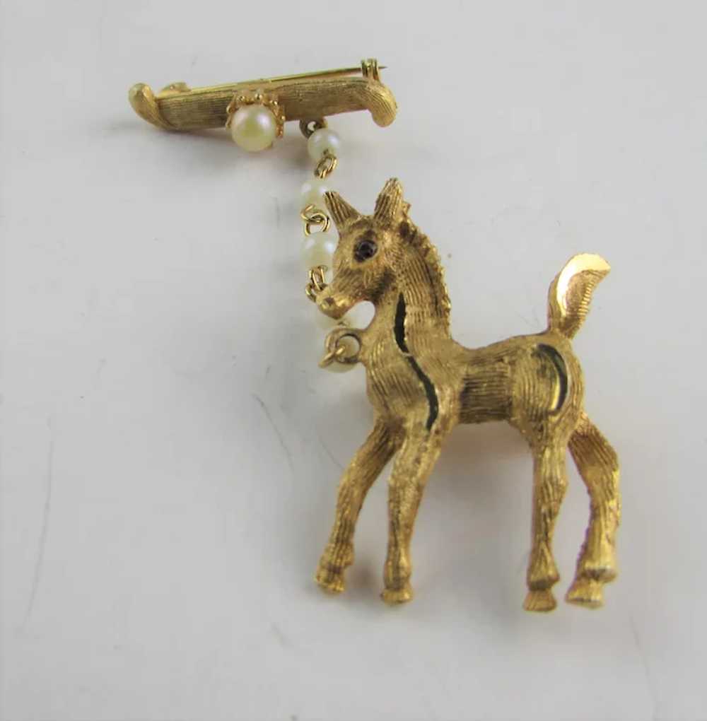 Vintage Gold Tone Pony Two Part Pin With Faux Pea… - image 2