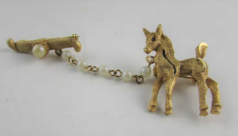 Vintage Gold Tone Pony Two Part Pin With Faux Pea… - image 9