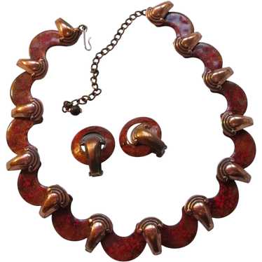 Matisse Orange Enamel on Copper Necklace and Clip… - image 1
