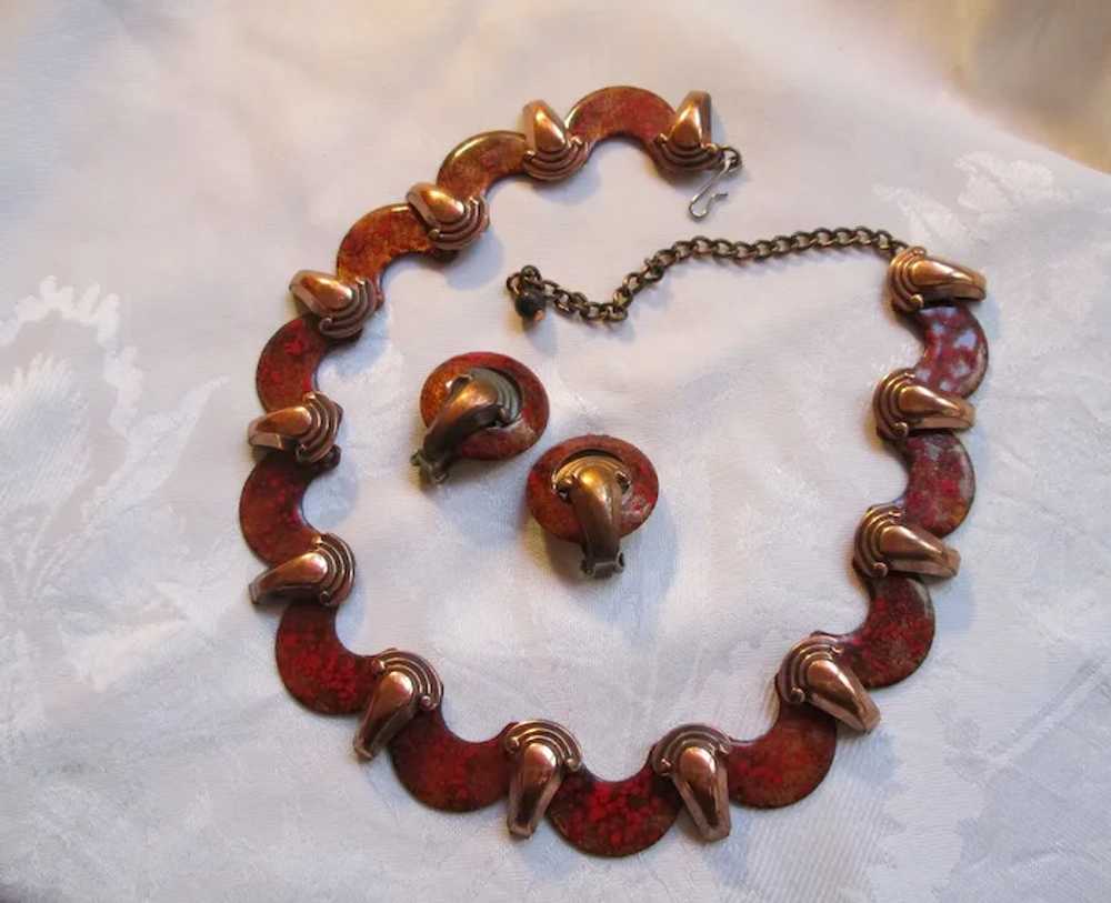 Matisse Orange Enamel on Copper Necklace and Clip… - image 2