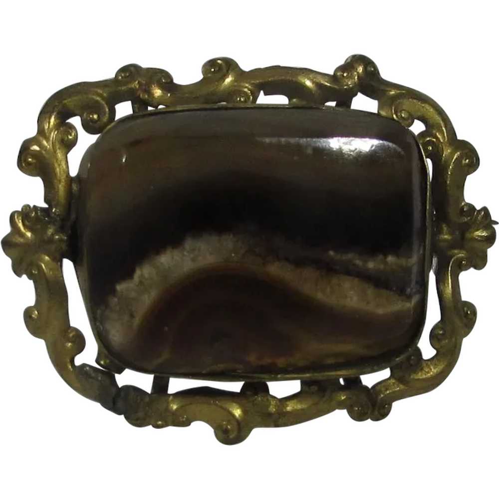 Victorian Brass Agate Pin With C Clasp - image 1