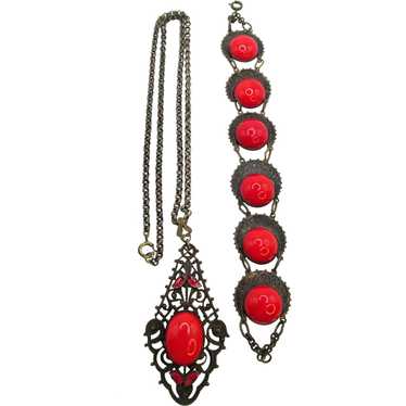 Czech Art Deco Red Cabochon and Enamel Necklace a… - image 1