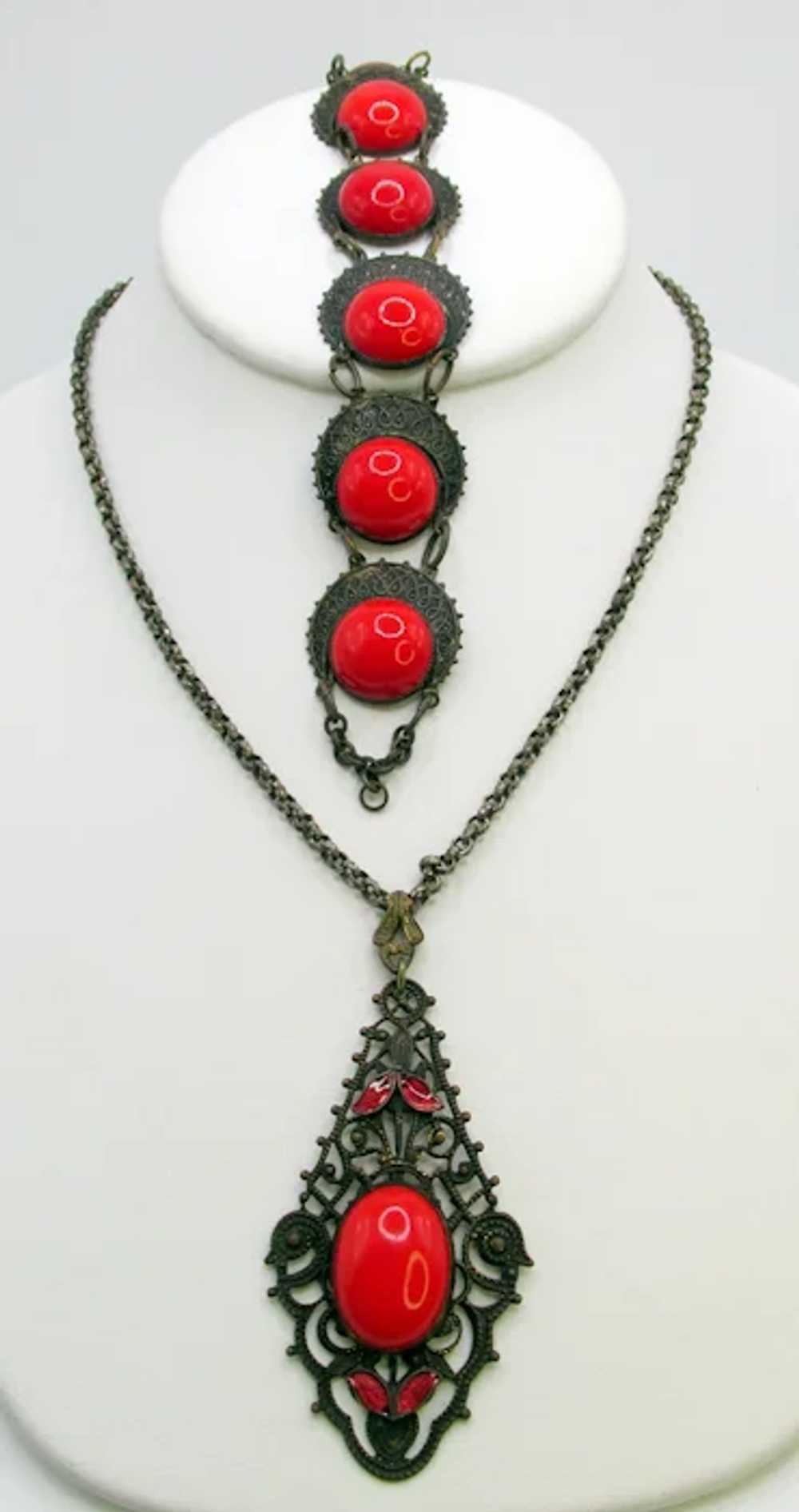 Czech Art Deco Red Cabochon and Enamel Necklace a… - image 2