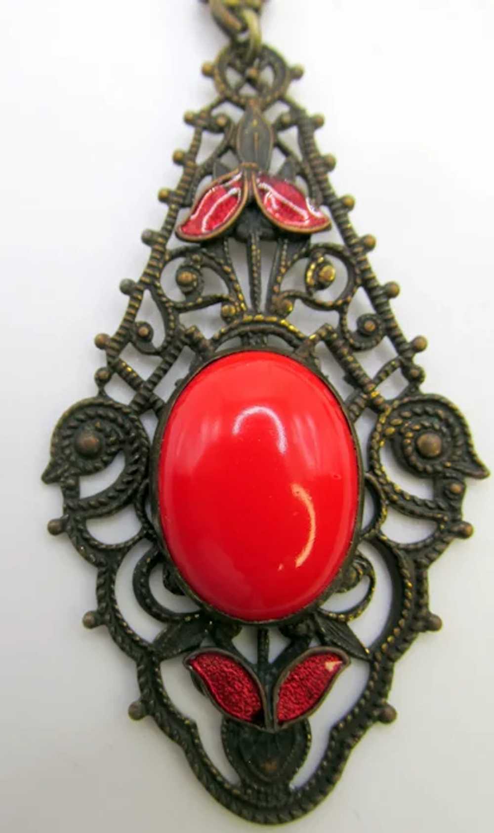 Czech Art Deco Red Cabochon and Enamel Necklace a… - image 3