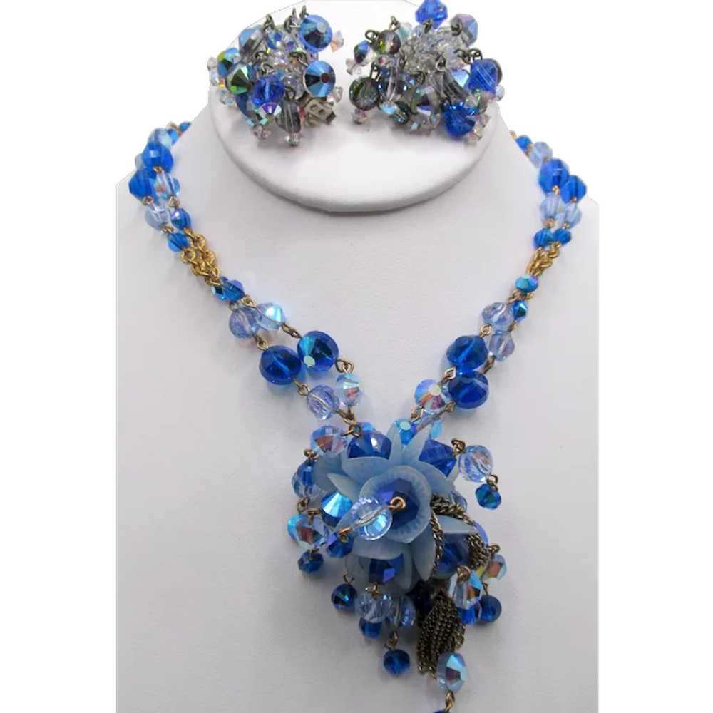 Gorgeous Hobe Blue and Crystal Beaded Dangle Clus… - image 1