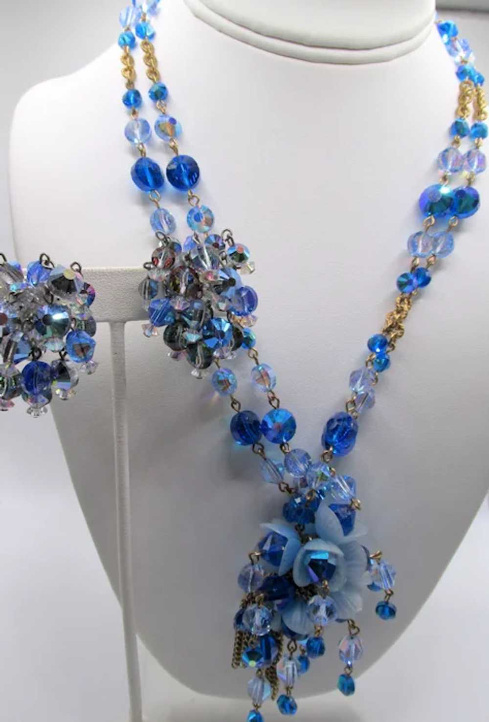 Gorgeous Hobe Blue and Crystal Beaded Dangle Clus… - image 2