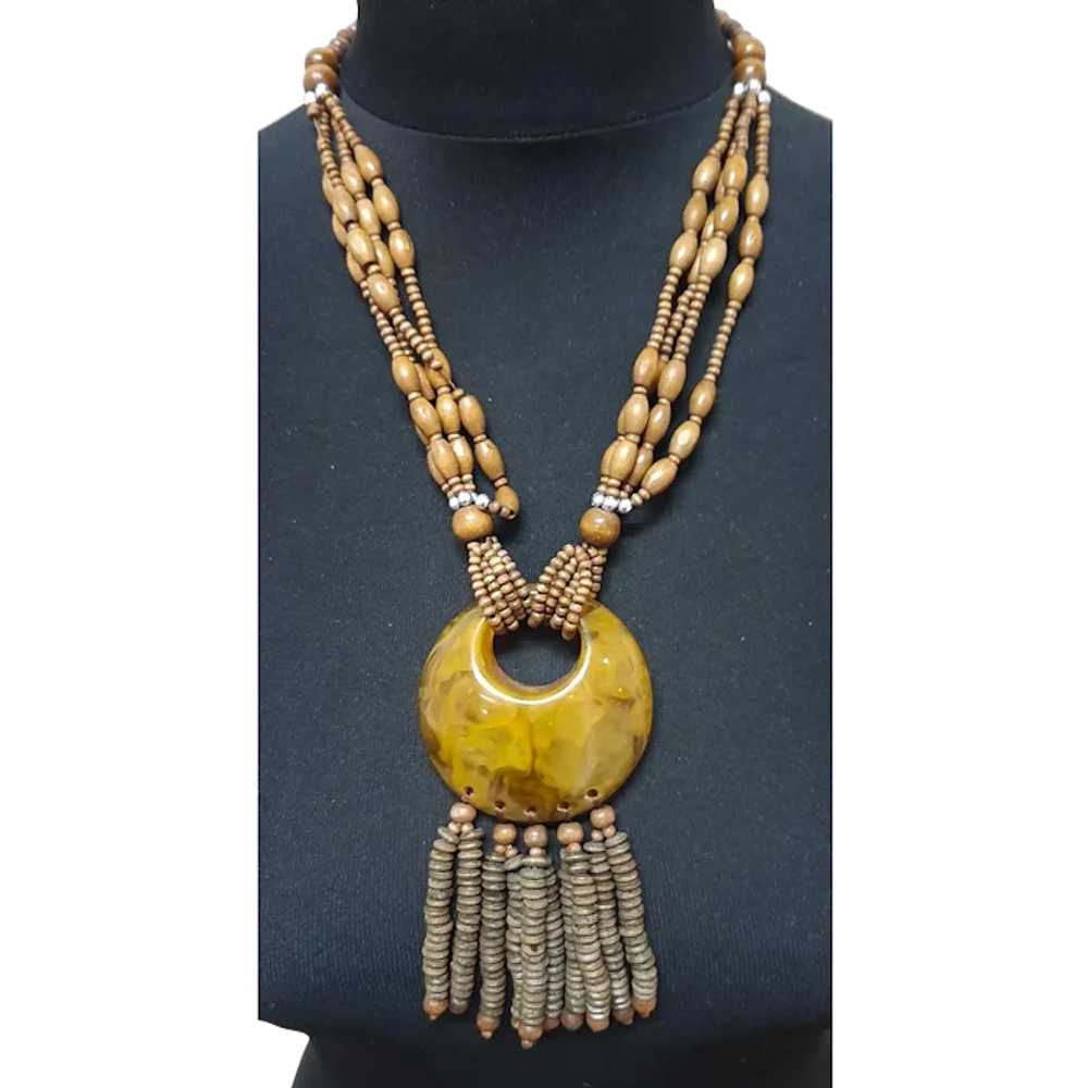 Vintage Yellow Bakelite & Wood Beads Pendant Necklace - Gem