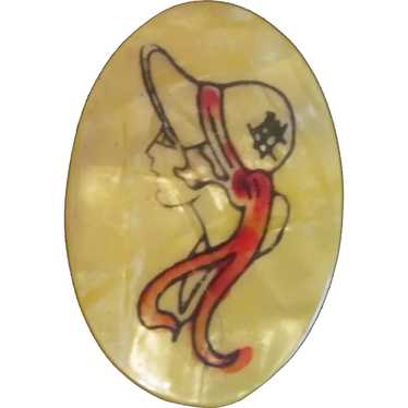Art Deco Celluloid Bonnet girl pin