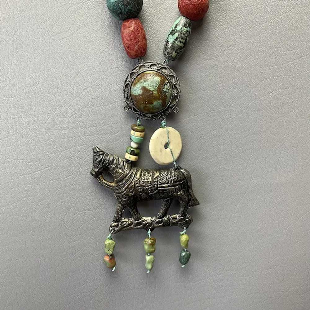 Large Nepal Silver Horse Necklace Beaded Turquois… - image 2