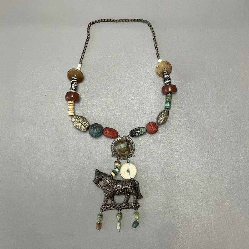 Large Nepal Silver Horse Necklace Beaded Turquois… - image 4