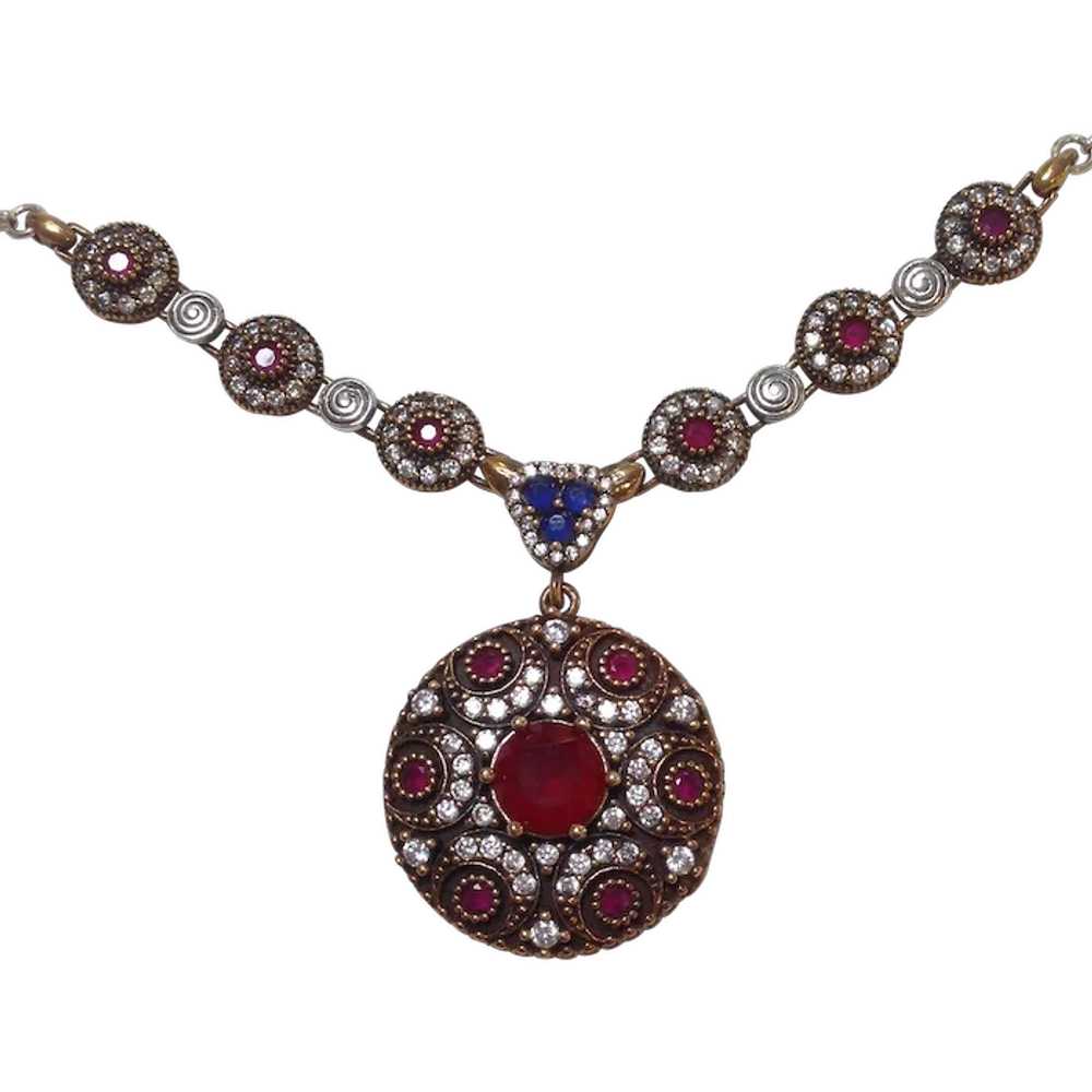 Ruby Sapphire Pendant Necklace Silver Vintage Ind… - image 1