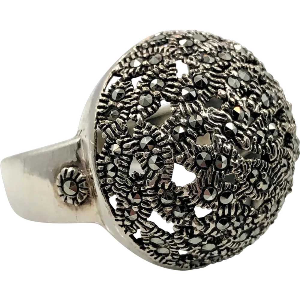 Black Marcasite Ring, Sterling Silver, Vintage Je… - image 1