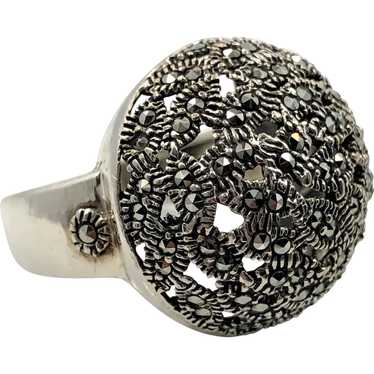 Black Marcasite Ring, Sterling Silver, Vintage Je… - image 1