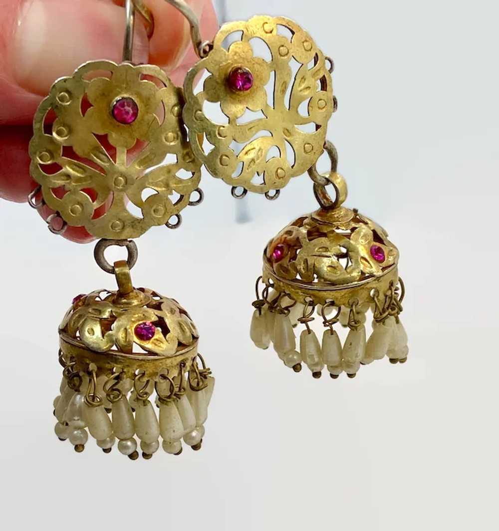 Jhumka Earrings, Old Silver, Gold Wash, Rare, Pea… - image 2