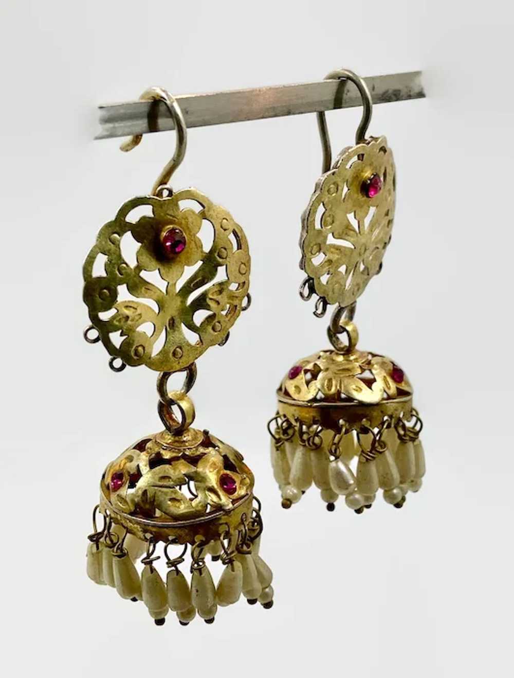 Jhumka Earrings, Old Silver, Gold Wash, Rare, Pea… - image 3
