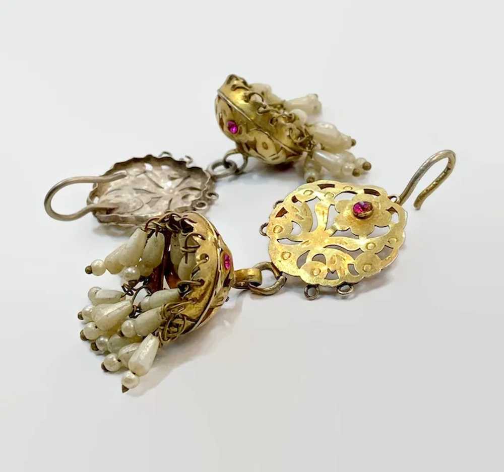 Jhumka Earrings, Old Silver, Gold Wash, Rare, Pea… - image 4