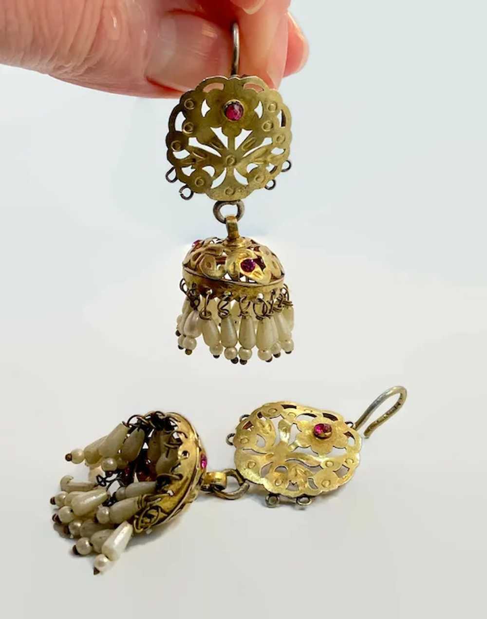 Jhumka Earrings, Old Silver, Gold Wash, Rare, Pea… - image 5