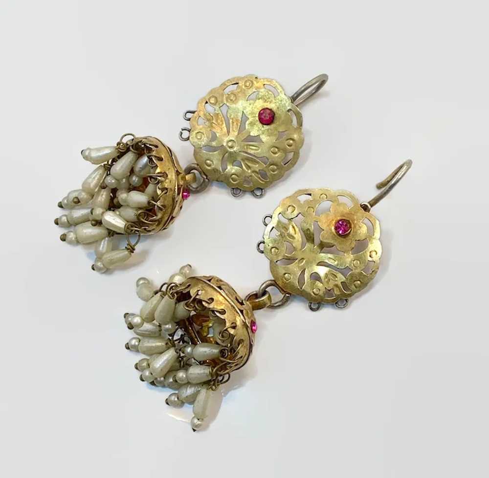 Jhumka Earrings, Old Silver, Gold Wash, Rare, Pea… - image 6