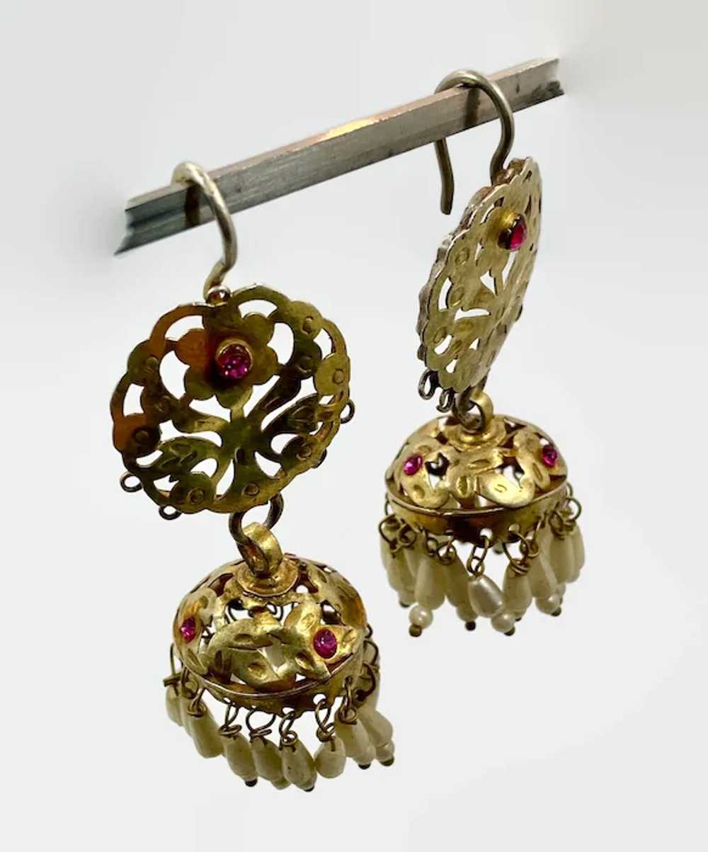 Jhumka Earrings, Old Silver, Gold Wash, Rare, Pea… - image 7