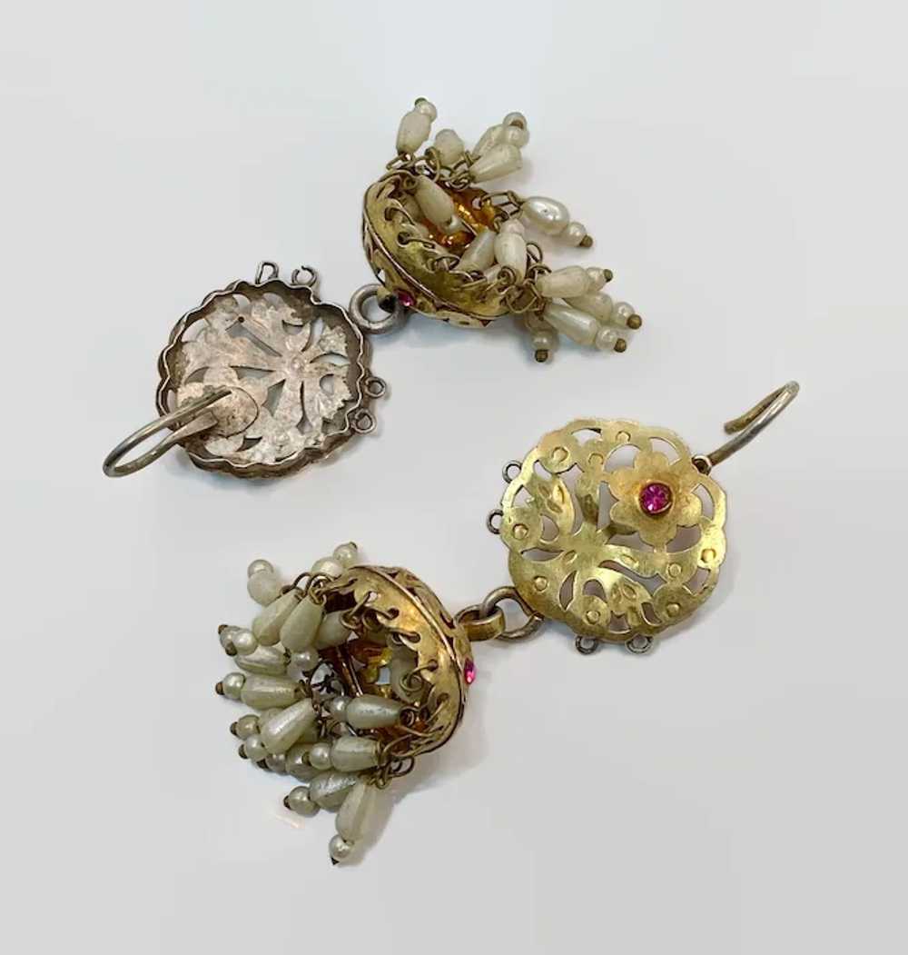 Jhumka Earrings, Old Silver, Gold Wash, Rare, Pea… - image 8