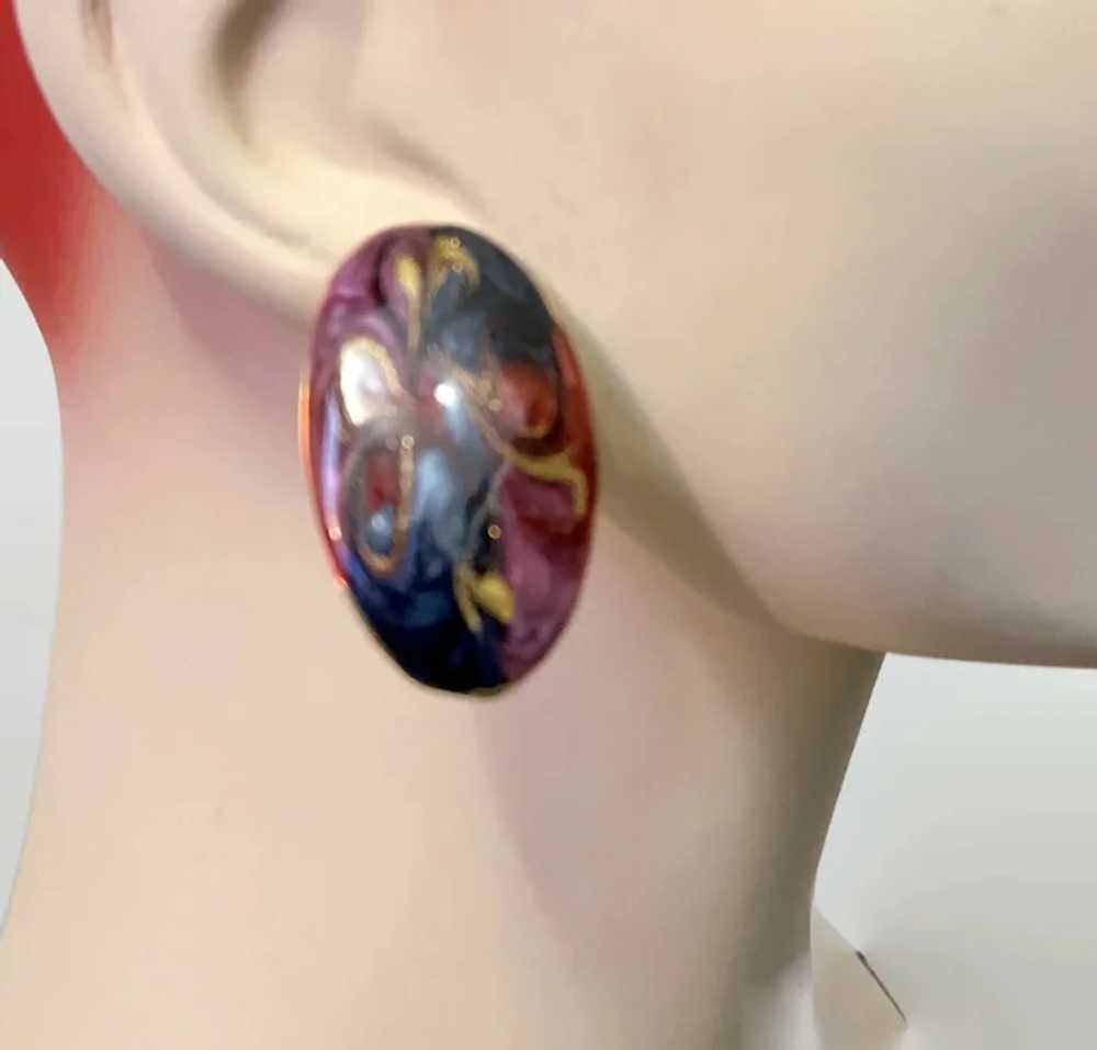 Enameled Earrings, Purple, Teal, Red, Unique, Han… - image 2
