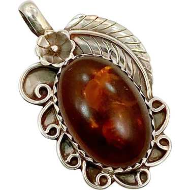 Amber Pendant, Sterling Silver, Native American, … - image 1