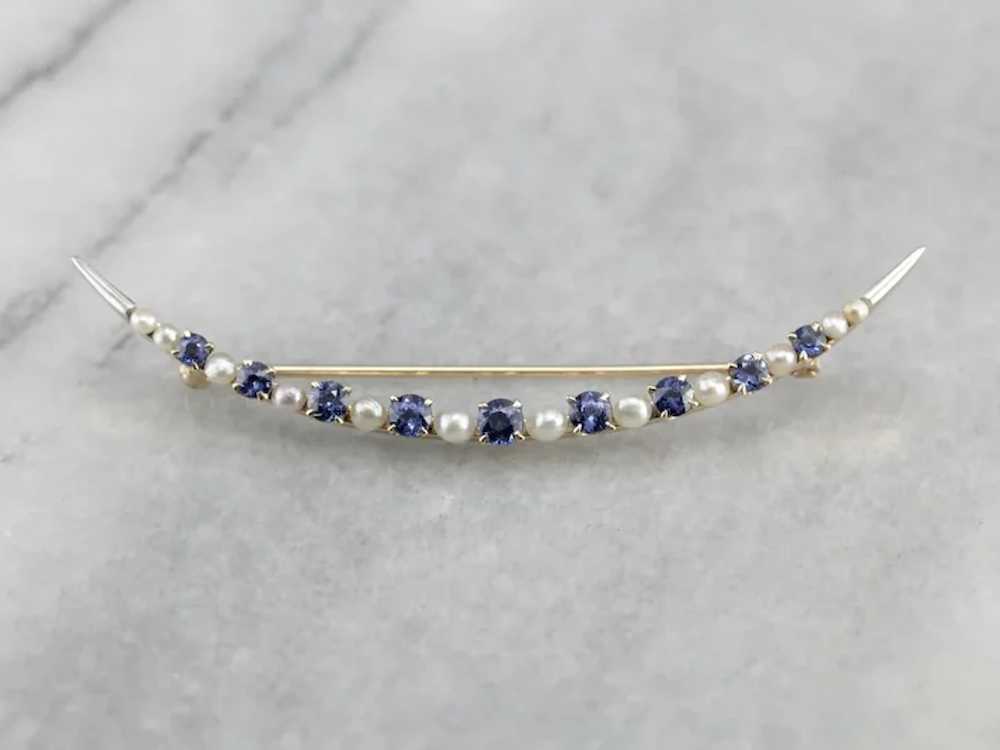 Vintage Sapphire Crescent Moon Brooch - image 2