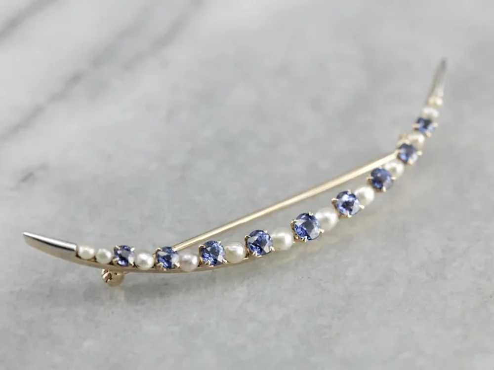 Vintage Sapphire Crescent Moon Brooch - image 3