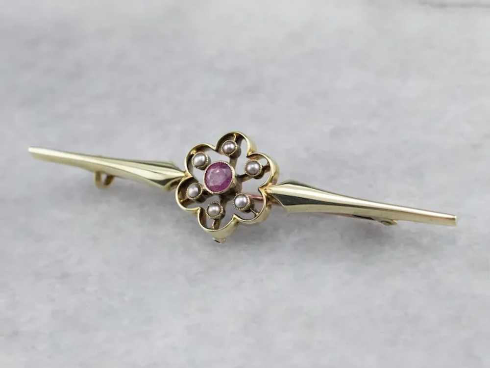 Antique Pink Sapphire and Seed Pearl Brooch - image 10