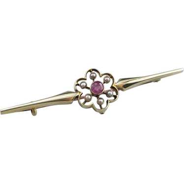 Antique Pink Sapphire and Seed Pearl Brooch - image 1
