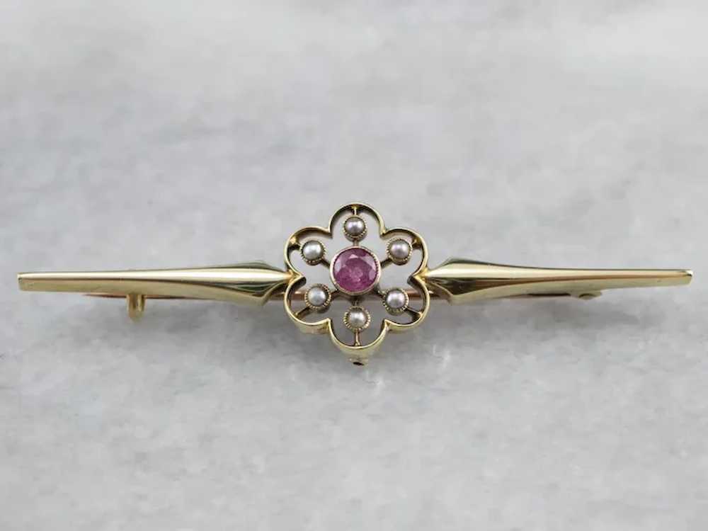 Antique Pink Sapphire and Seed Pearl Brooch - image 2