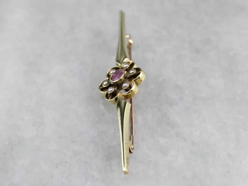 Antique Pink Sapphire and Seed Pearl Brooch - image 3