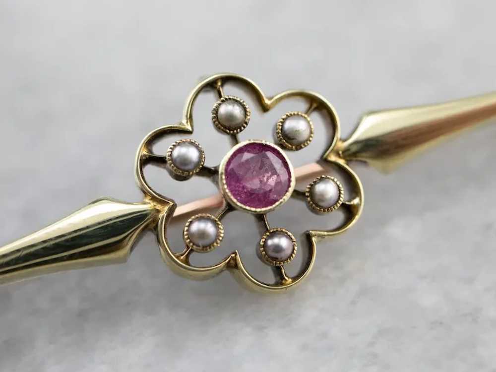 Antique Pink Sapphire and Seed Pearl Brooch - image 4