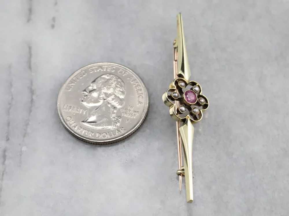 Antique Pink Sapphire and Seed Pearl Brooch - image 6
