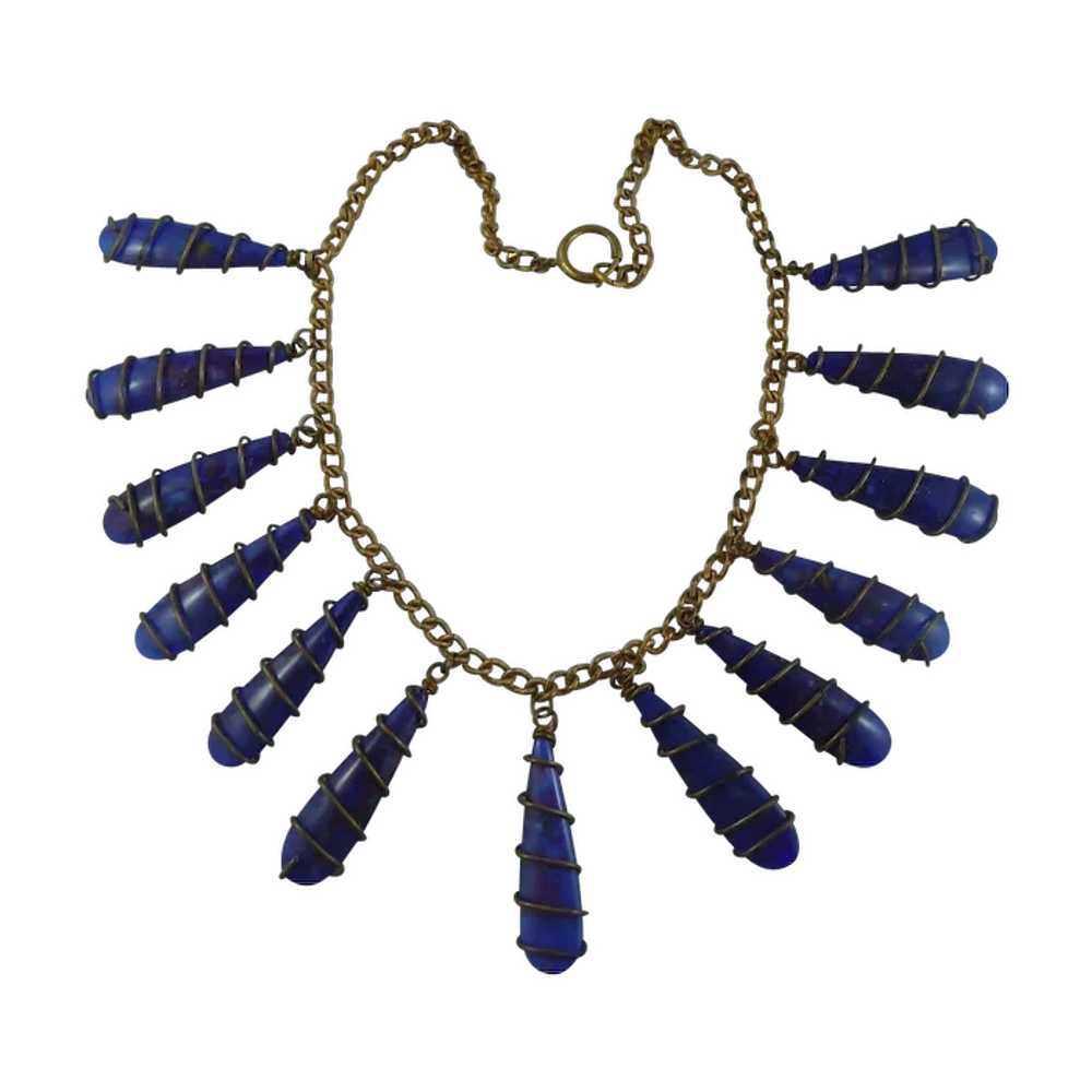 Early Vintage Blue Glass and Brass Necklace - image 1