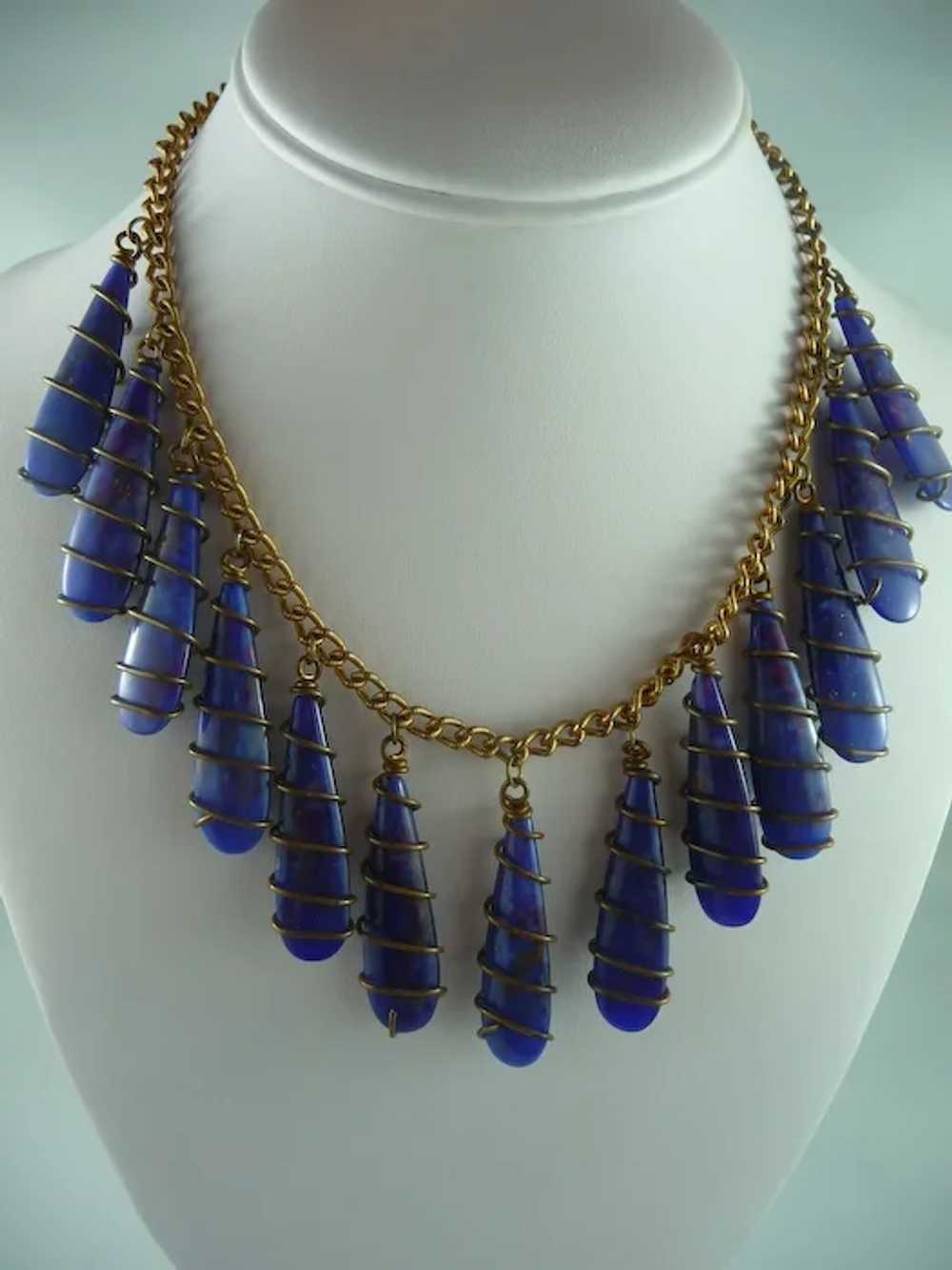 Early Vintage Blue Glass and Brass Necklace - image 2