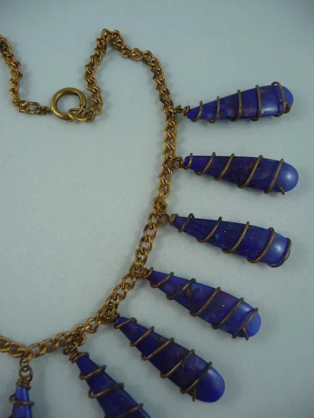 Early Vintage Blue Glass and Brass Necklace - image 3