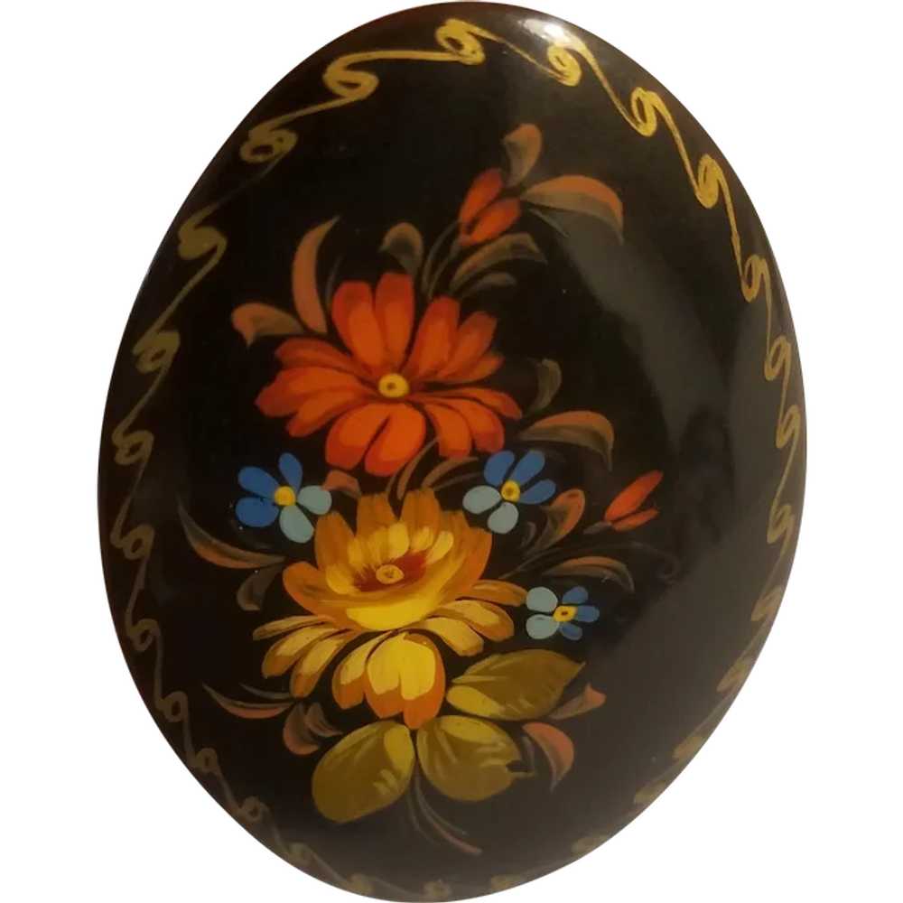 Floral Russian lacquer brooch artist signed - image 1