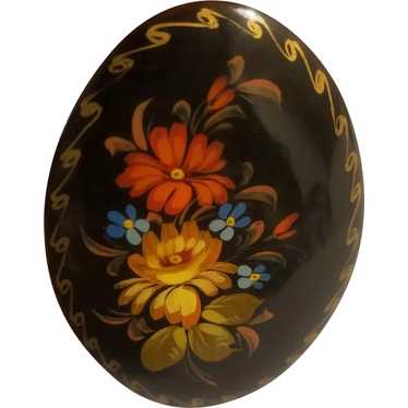 Floral Russian lacquer brooch artist signed - image 1