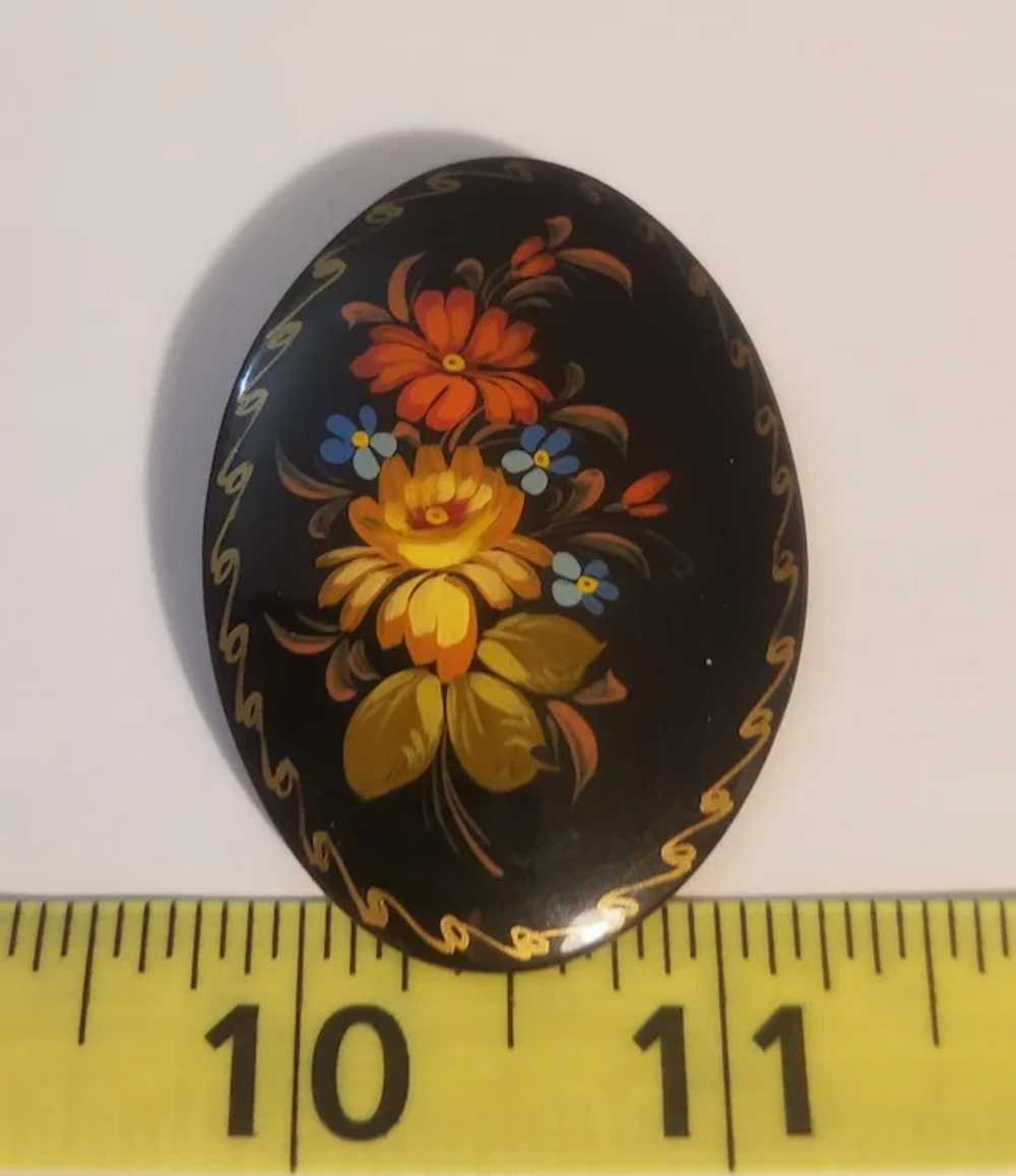 Floral Russian lacquer brooch artist signed - image 2