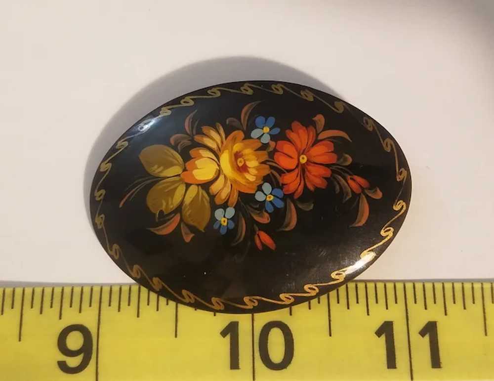 Floral Russian lacquer brooch artist signed - image 3