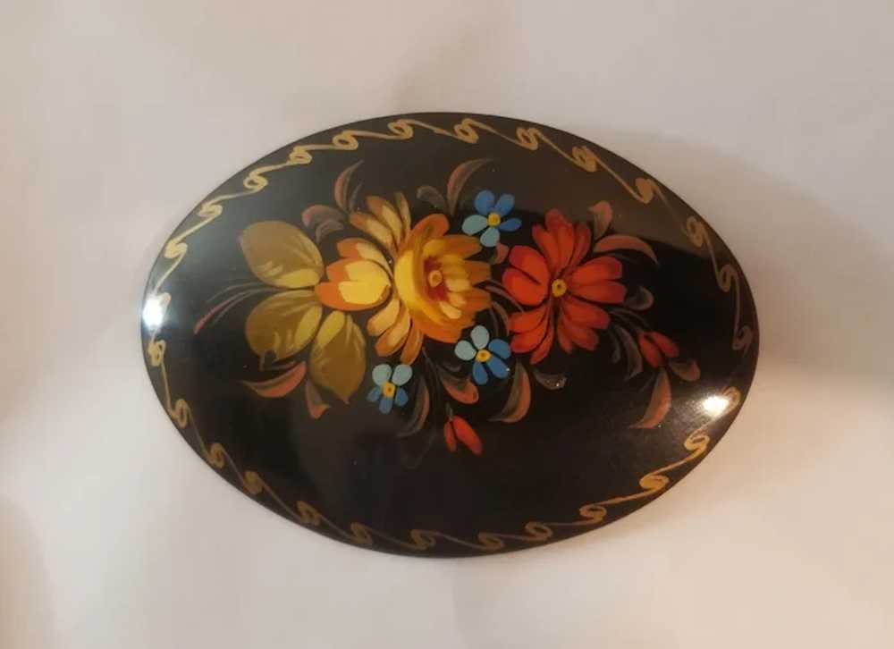 Floral Russian lacquer brooch artist signed - image 4