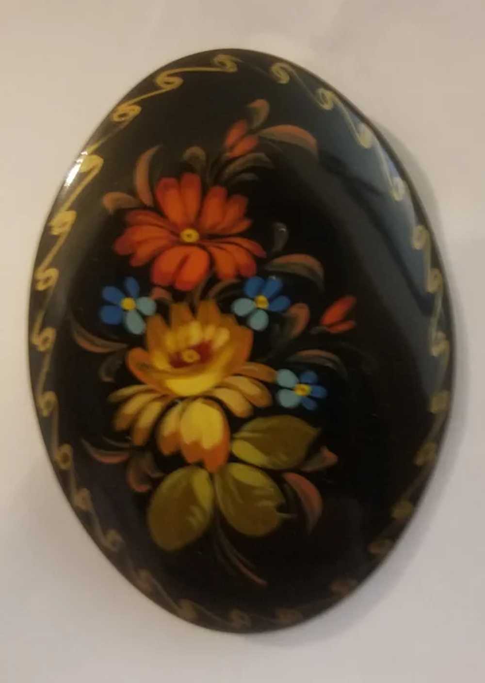 Floral Russian lacquer brooch artist signed - image 5