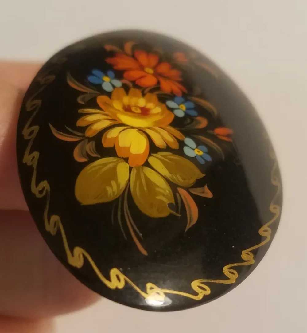 Floral Russian lacquer brooch artist signed - image 6
