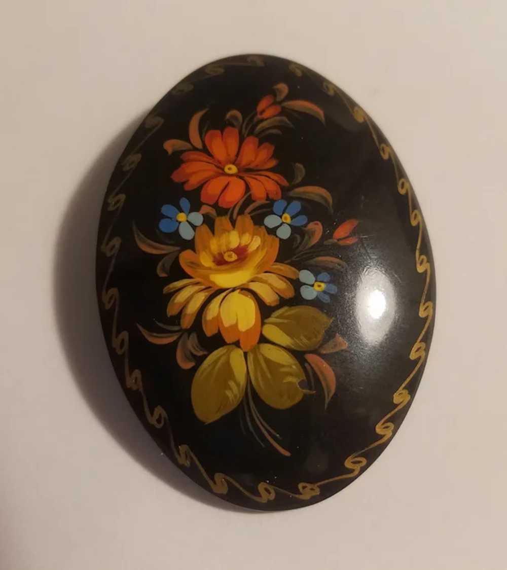 Floral Russian lacquer brooch artist signed - image 7