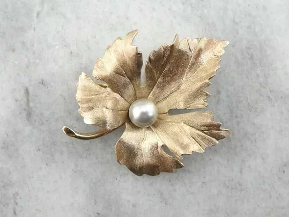 Vintage Grape Leaf Brooch With Cultured Pearl Cen… - image 2