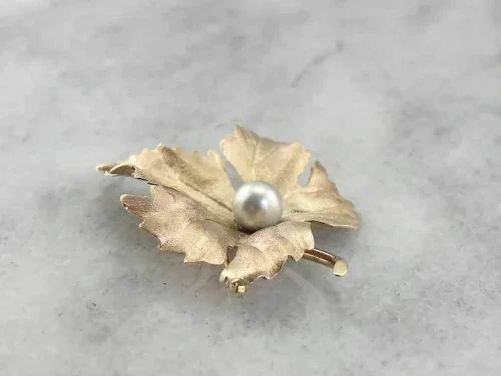 Vintage Grape Leaf Brooch With Cultured Pearl Cen… - image 4