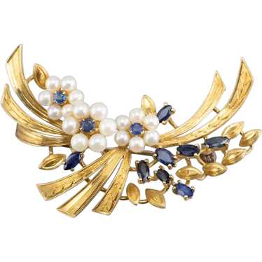 Vintage Floral Marquise Sapphire and Cultured Pea… - image 1