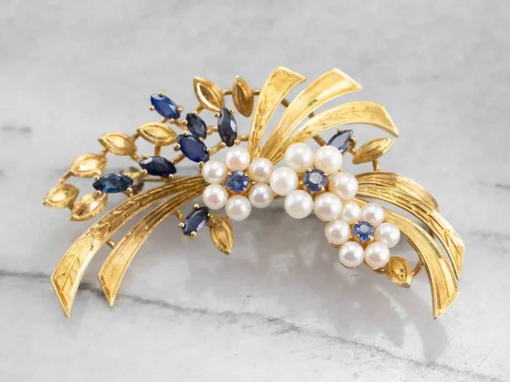 Vintage Floral Marquise Sapphire and Cultured Pea… - image 2