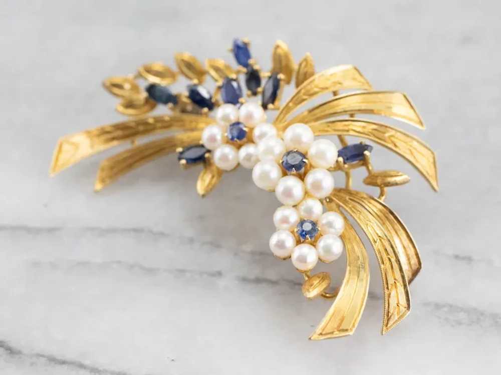 Vintage Floral Marquise Sapphire and Cultured Pea… - image 3